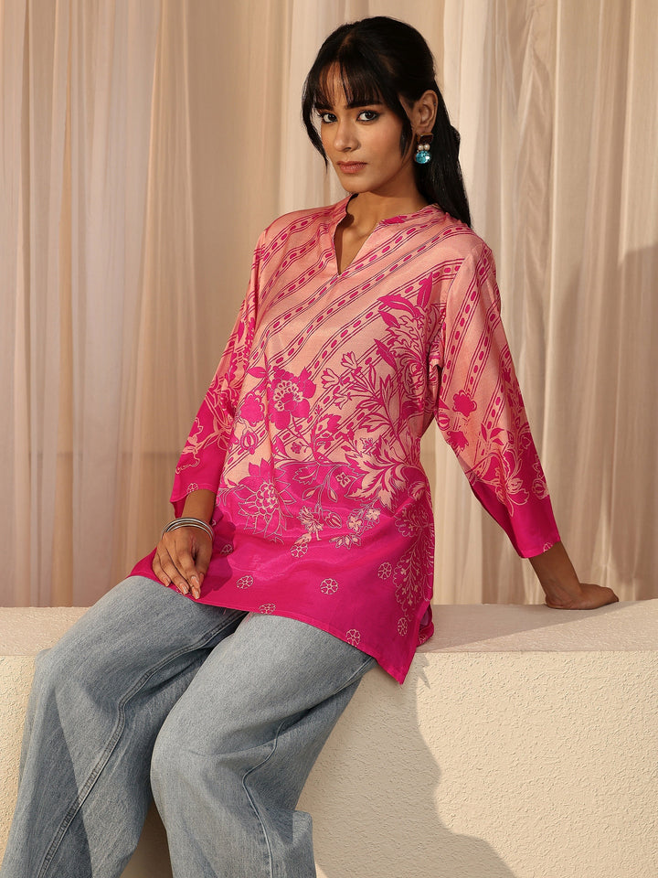 Fuchsia Pink Printed Muslin Straight Short Kurti