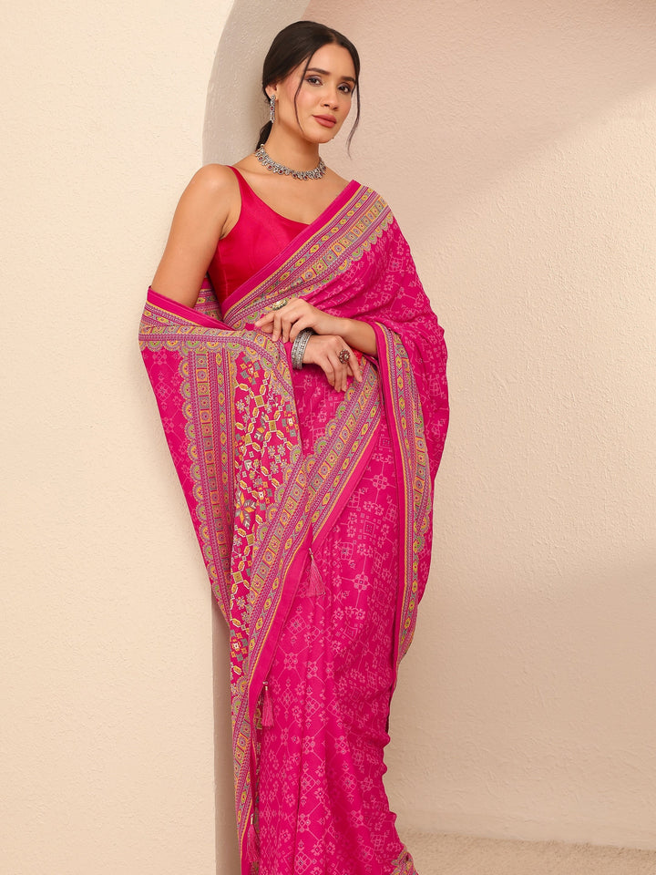 Libas Fuchsia Pink Printed Silk Blend Saree