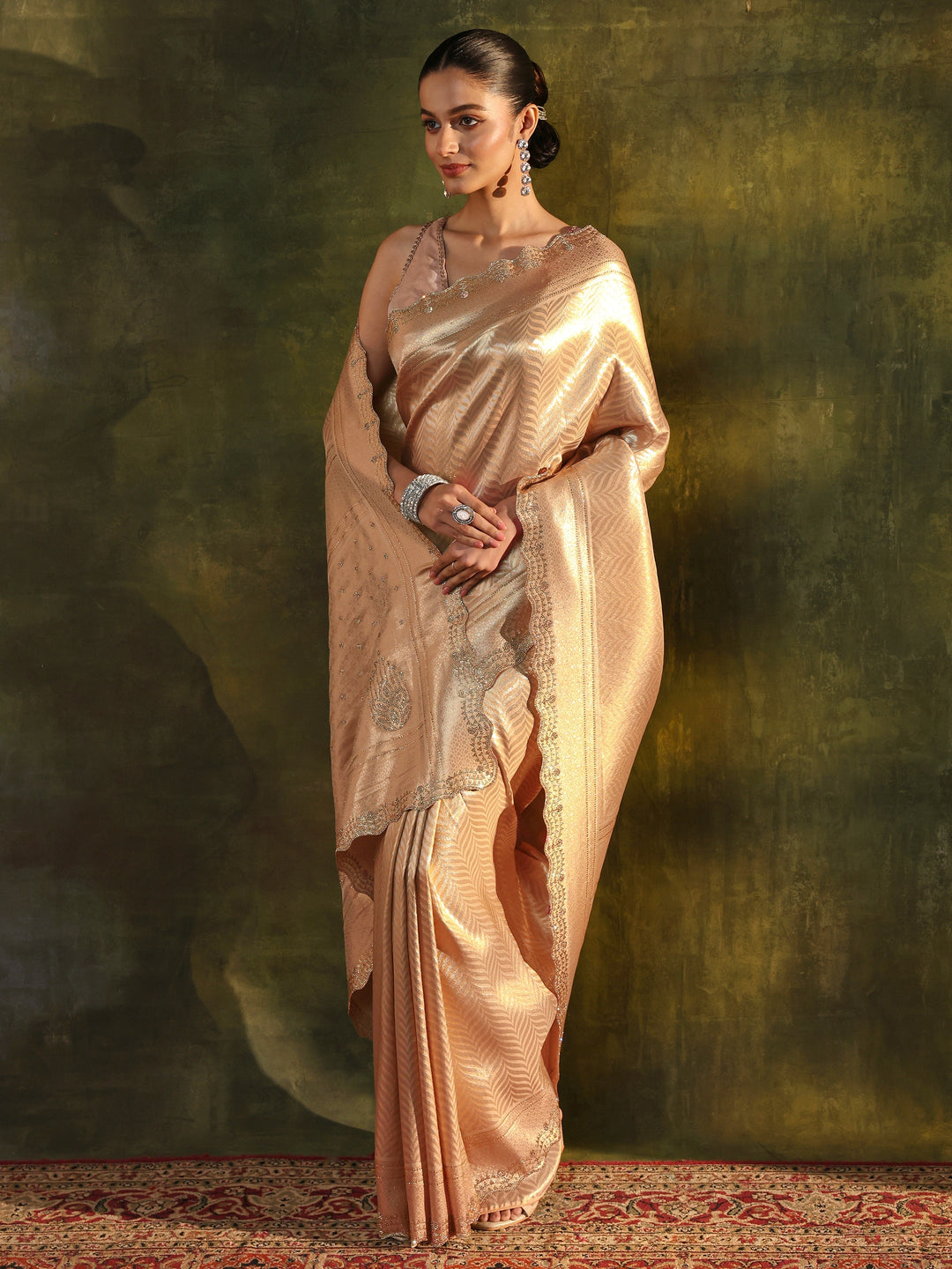 Gold Chevron Embellished Silk Saree With Unstitched Blouse Piece