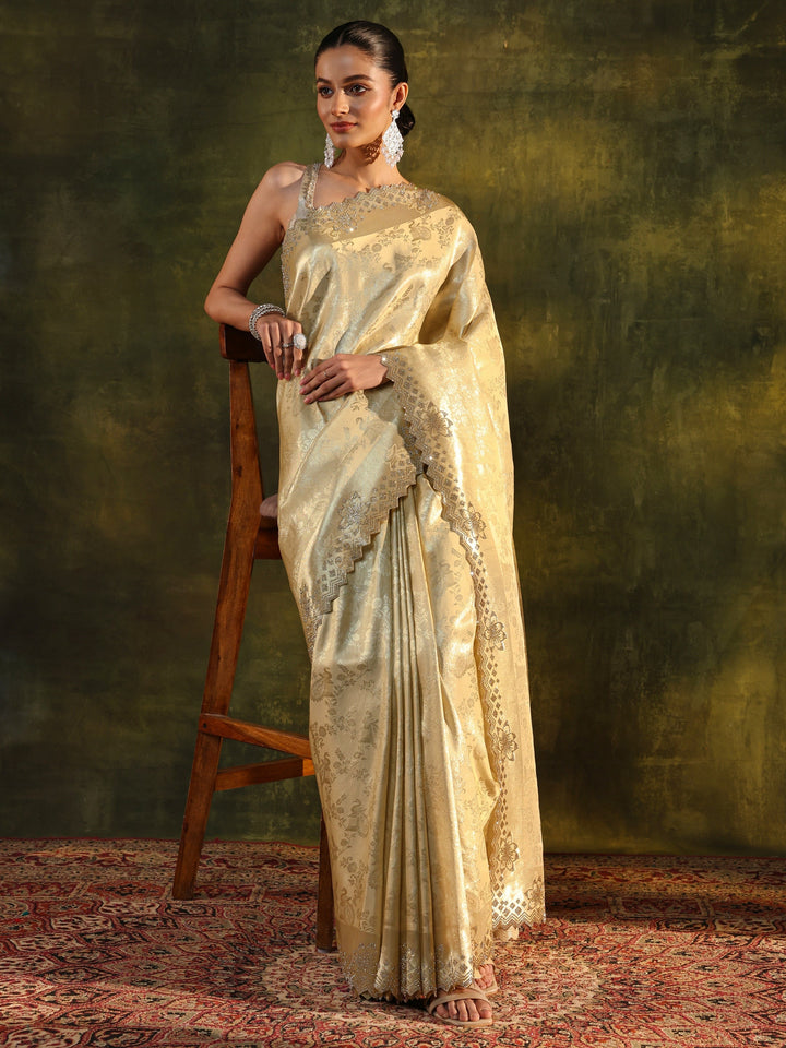Libas Gold Floral Embellished Silk Blend Saree With Unstitched Blouse Piece