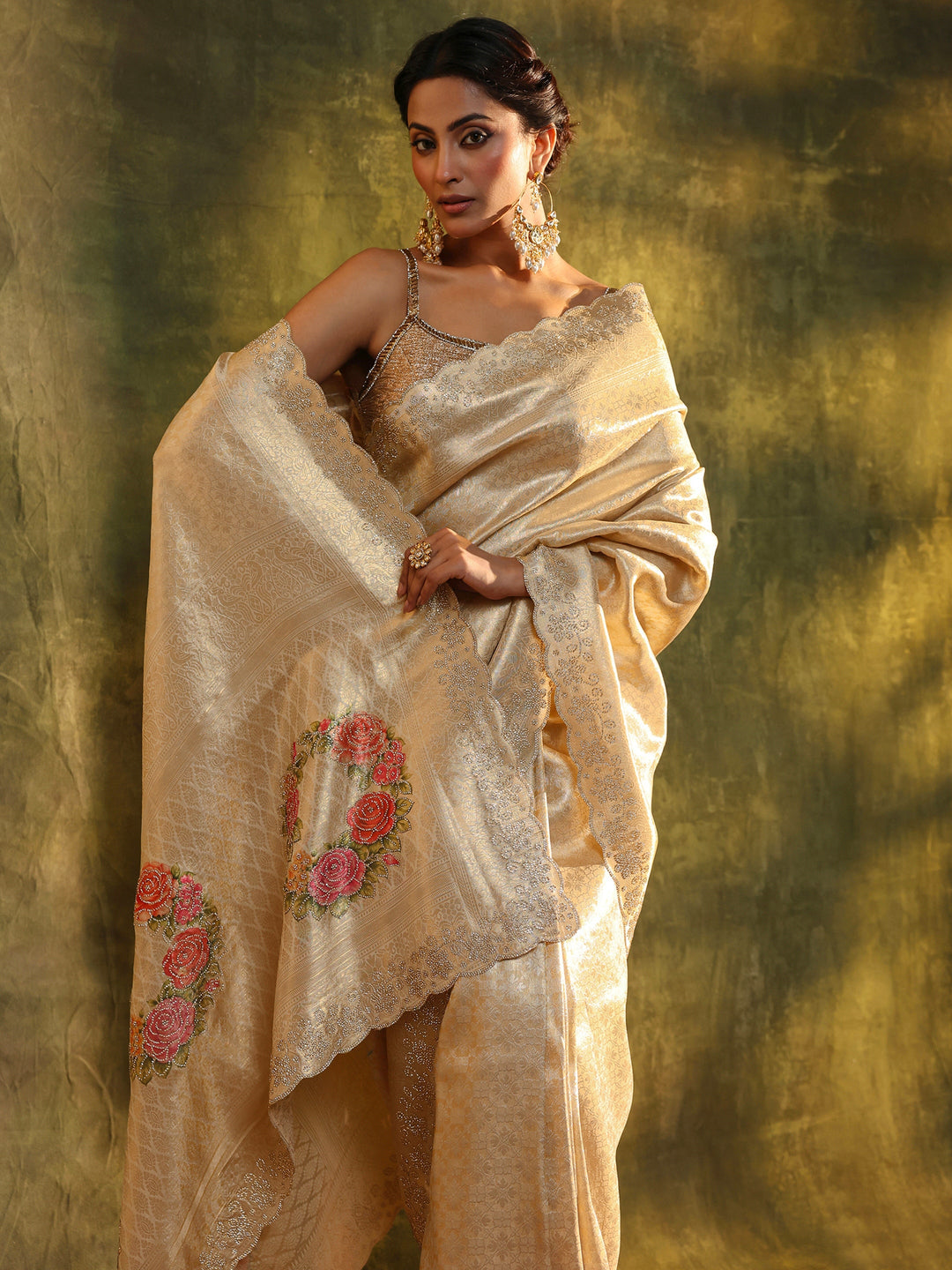Gold Floral Embellished Silk Saree With Unstitched Blouse Piece
