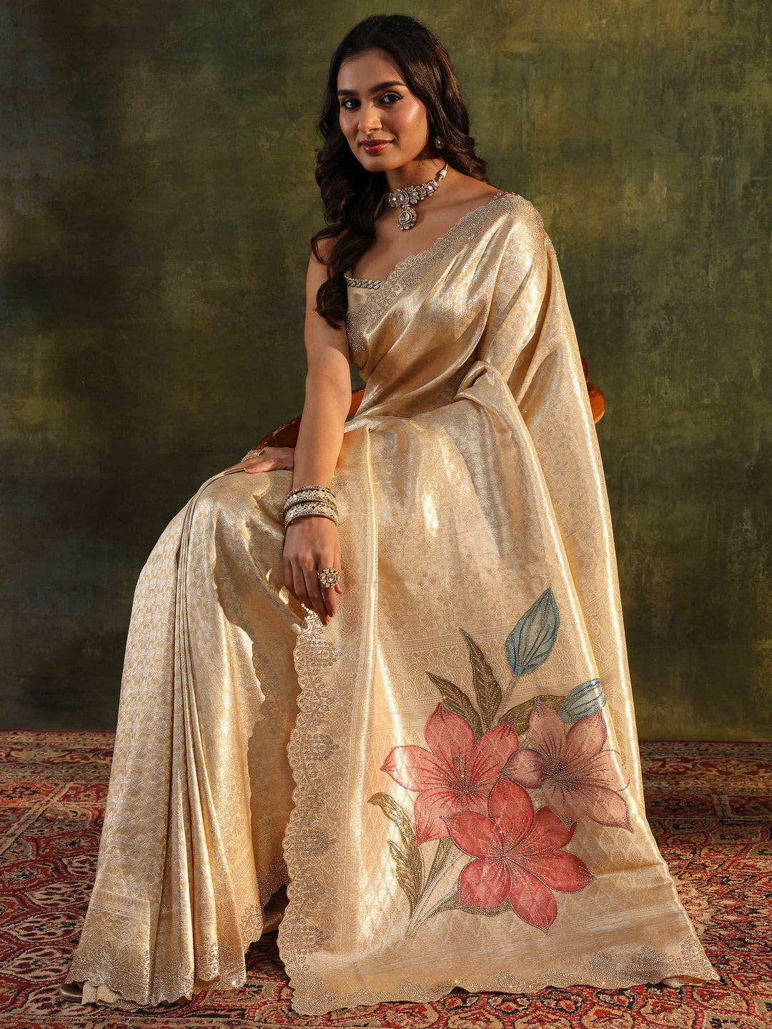 Gold Floral Embellished Silk Saree With Unstitched Blouse Piece