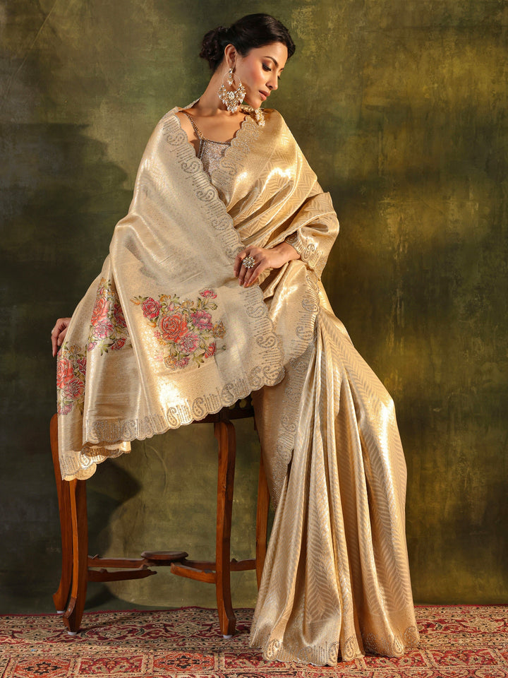 Gold Floral Embellished Silk Saree With Unstitched Blouse Piece