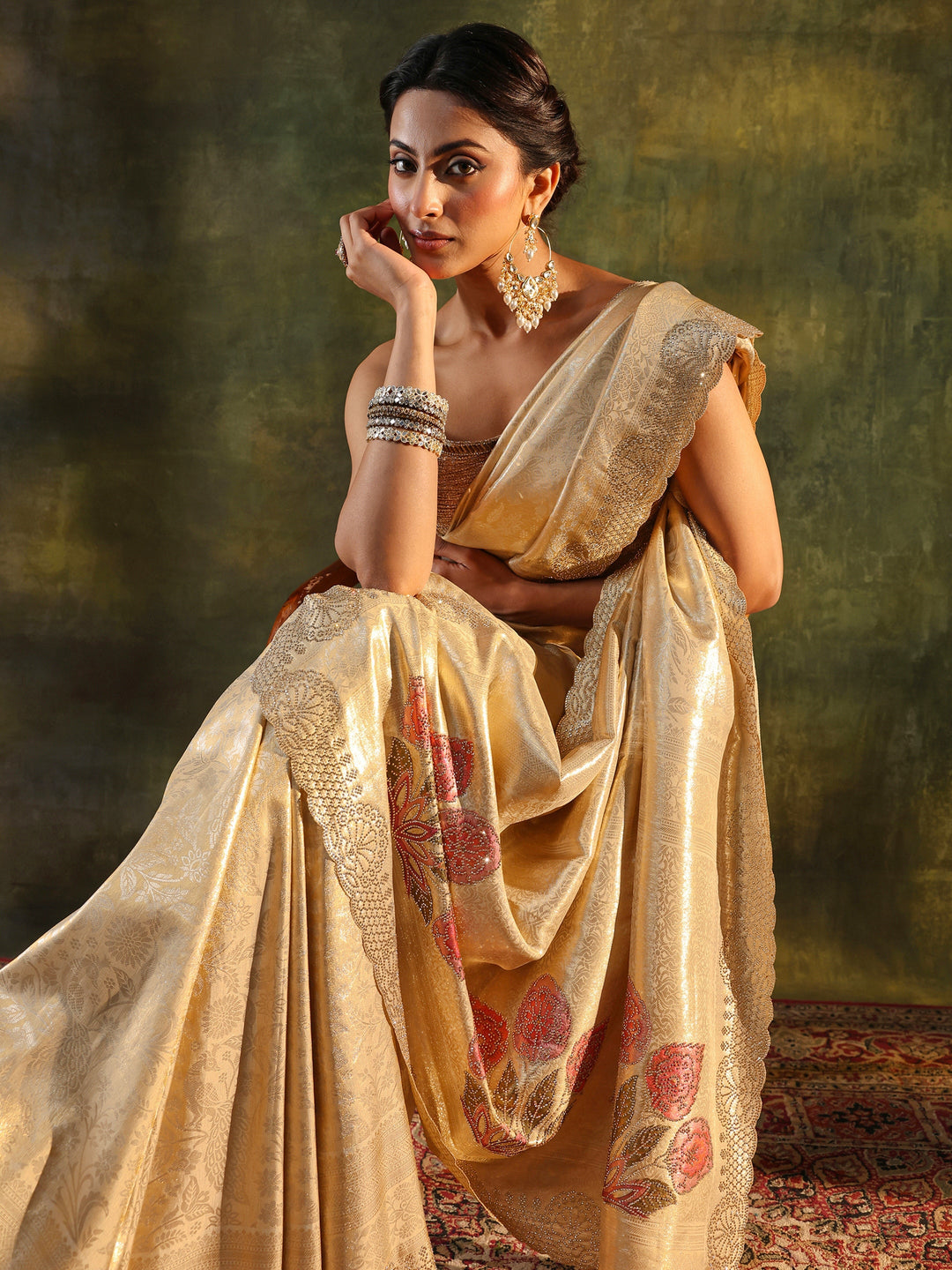Gold Floral Embellished Silk Saree With Unstitched Blouse Piece