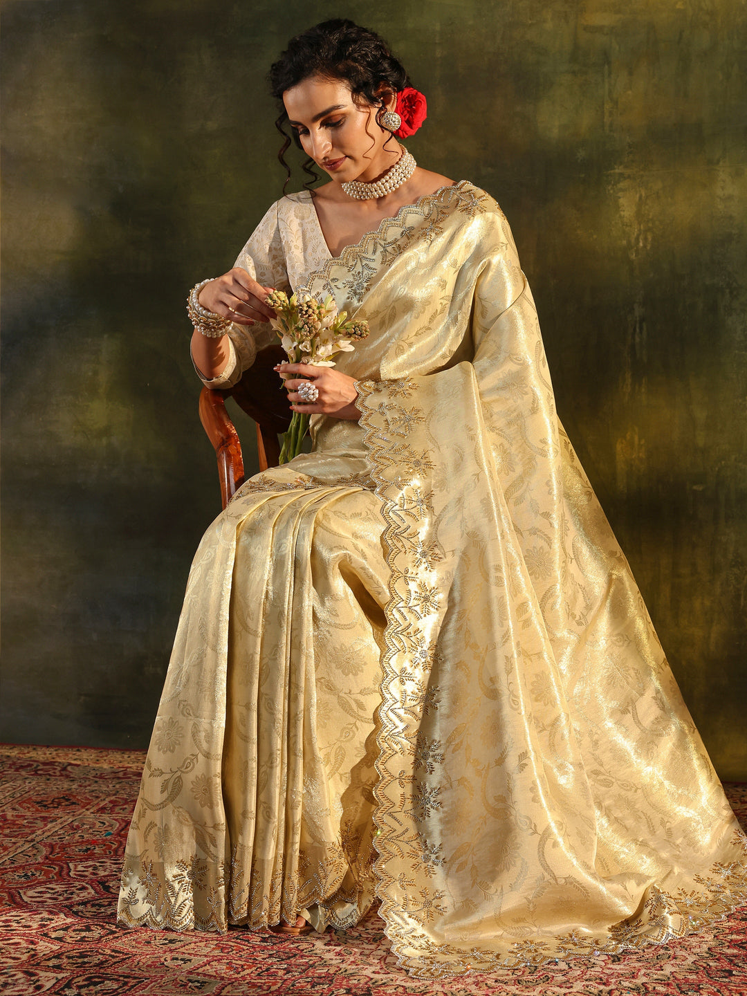 Gold Floral Embellished Silk Saree With Unstitched Blouse Piece