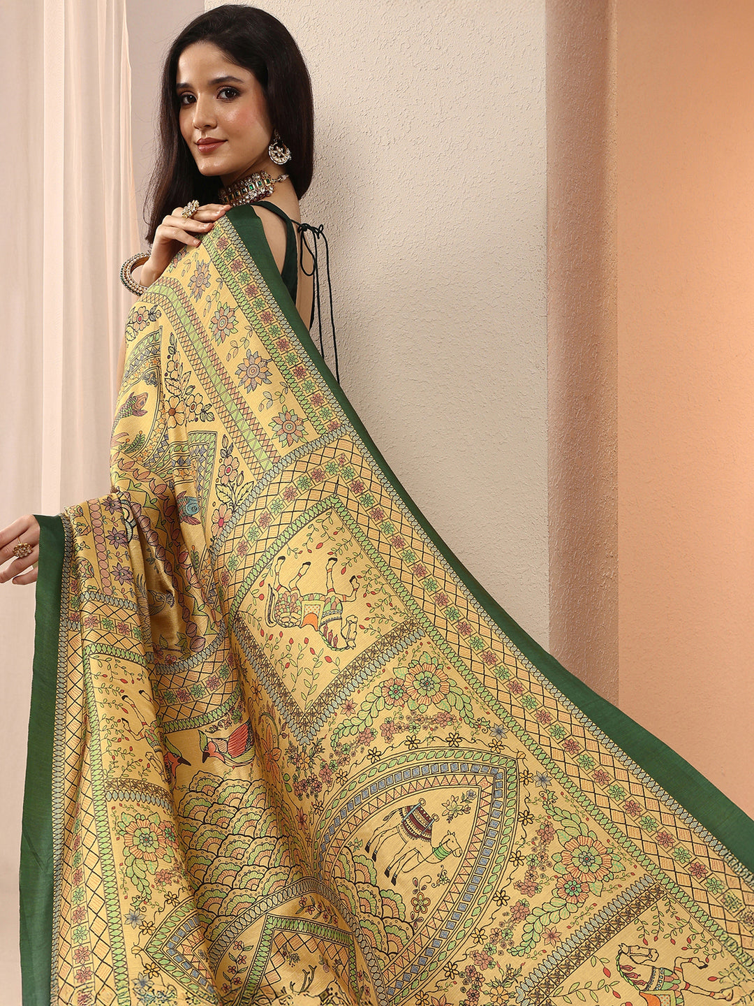Gold Printed Silk Blend Saree With Unstitched Blouse Piece