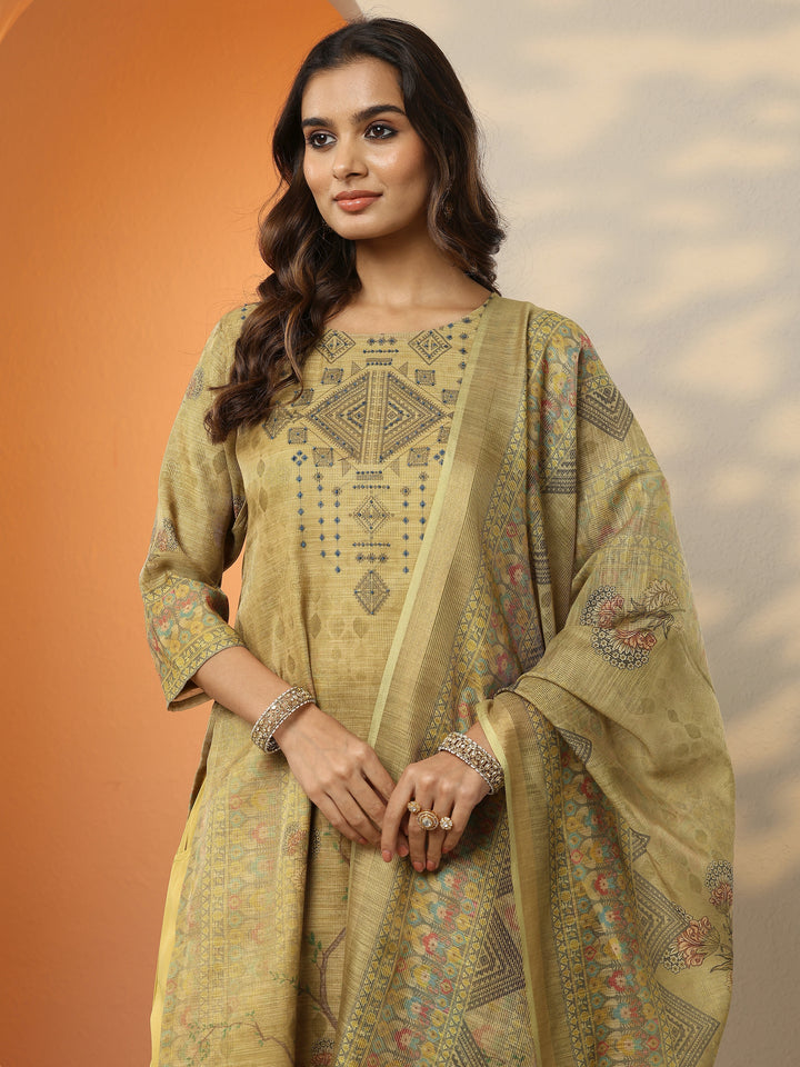 Gold Printed Silk Blend Straight Suit Set With Dupatta