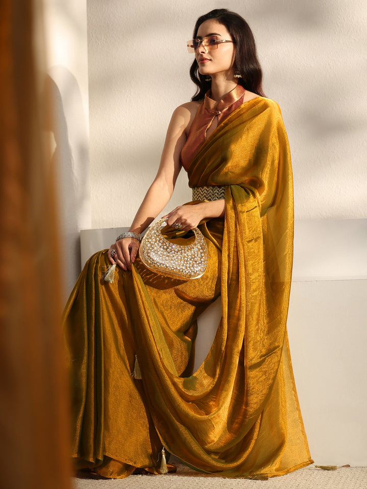 Gold Solid Chiffon Saree With Unstitched Blouse Piece And Waistbelt