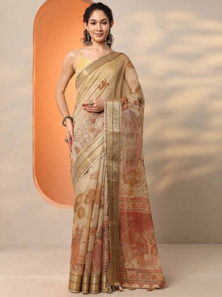 Gold Tribal Printed Silk Blend Saree With Unstitched Blouse Piece