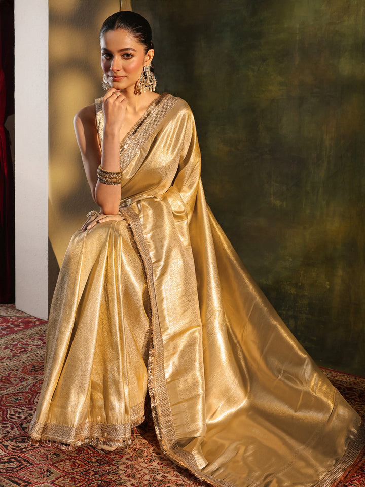 Gold Woven Design Silk Blend Saree With Unstitched Blouse Piece