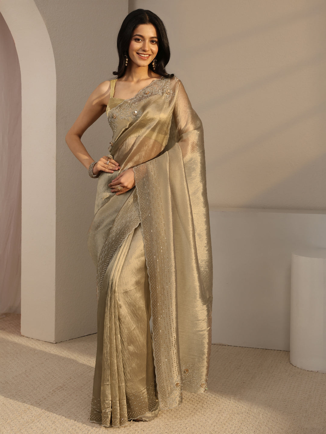 Libas Golden Embellished Tissue Saree With Unstiched Blouse Piece