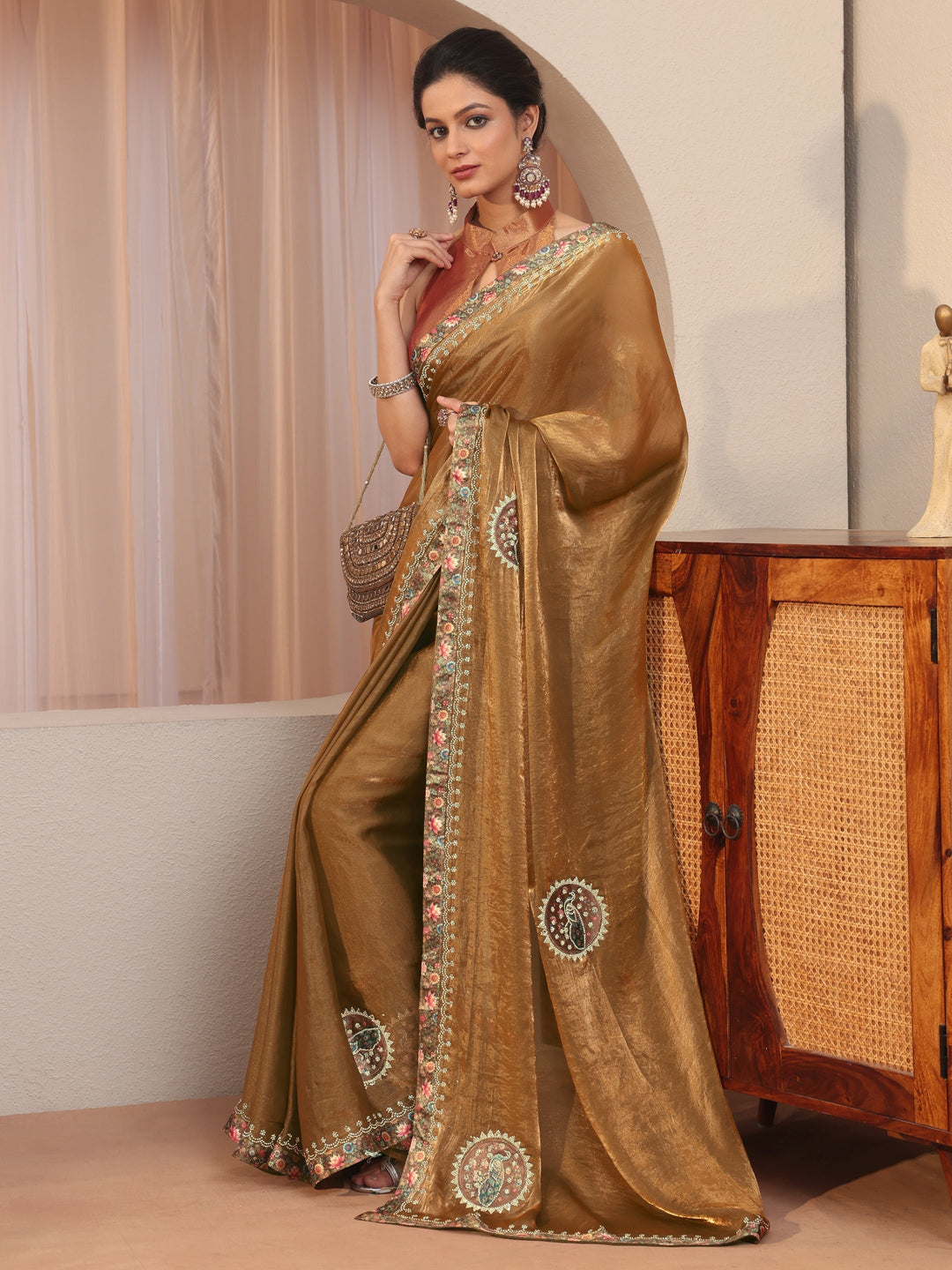Golden Tissue Saree With Embellished Peacock Motifs