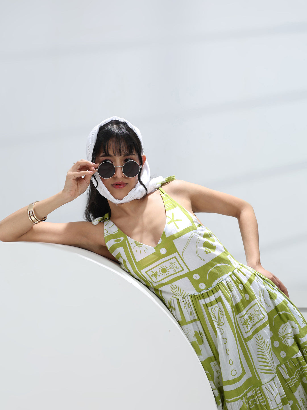 Green Abstract Printed Cotton One-Piece Dress