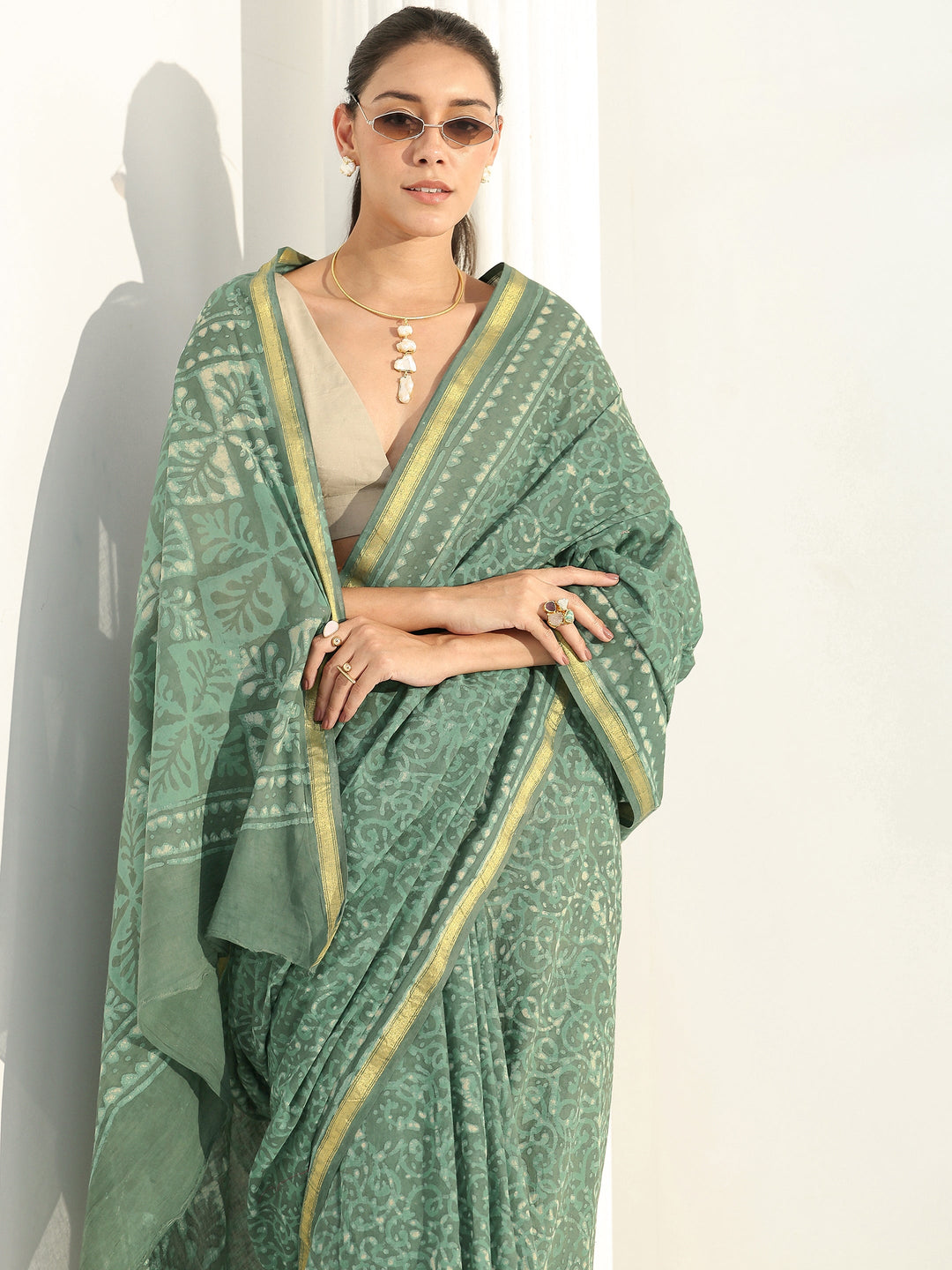 Green Abstract Printed Cotton saree