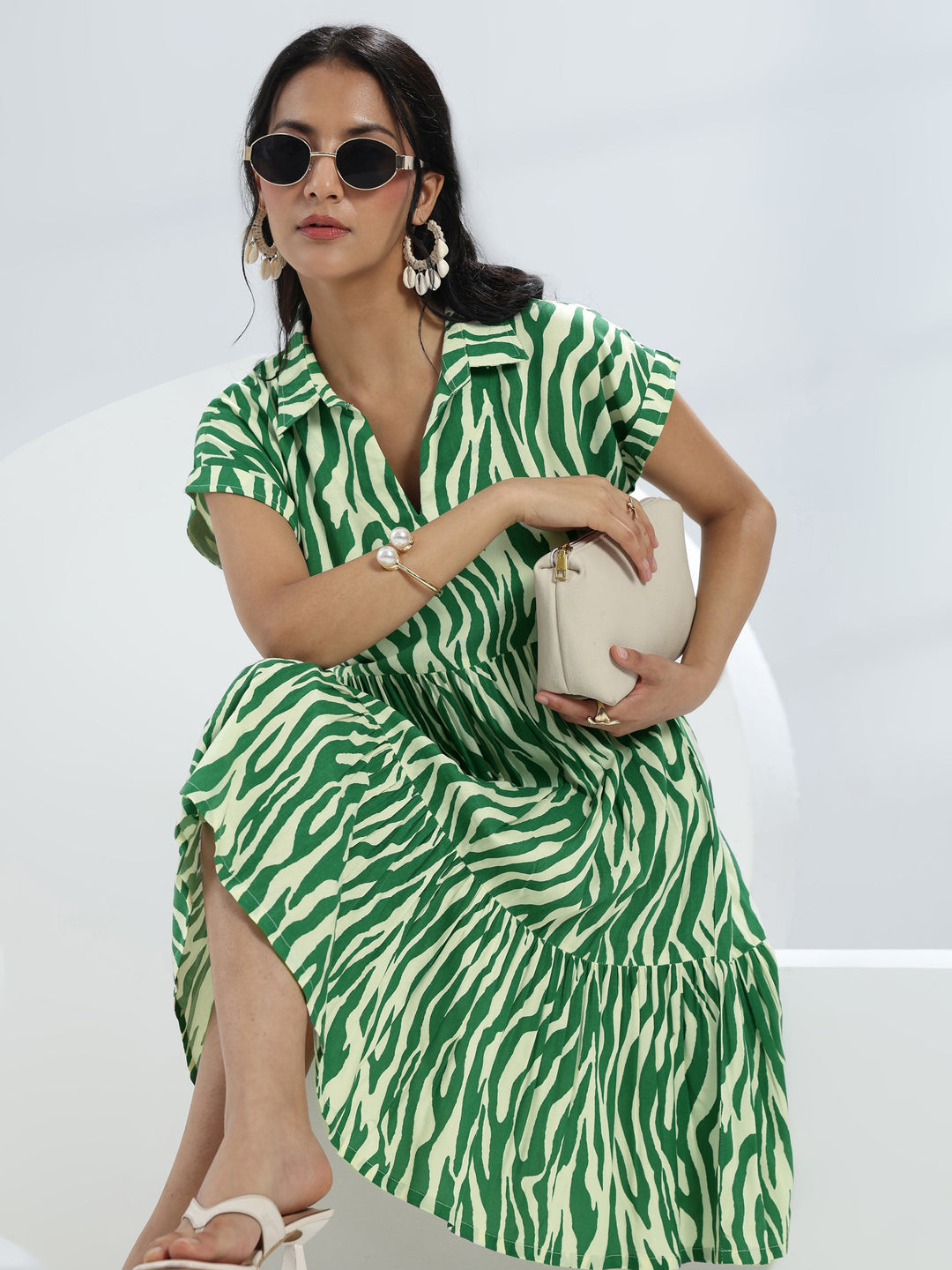 Green Abstract Printed Rayon One-Piece Dress