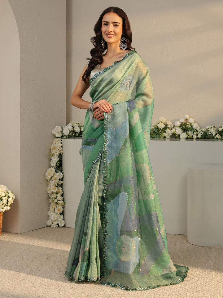 Green Abstract Printed Tissue Saree With Unstitched Blouse Piece