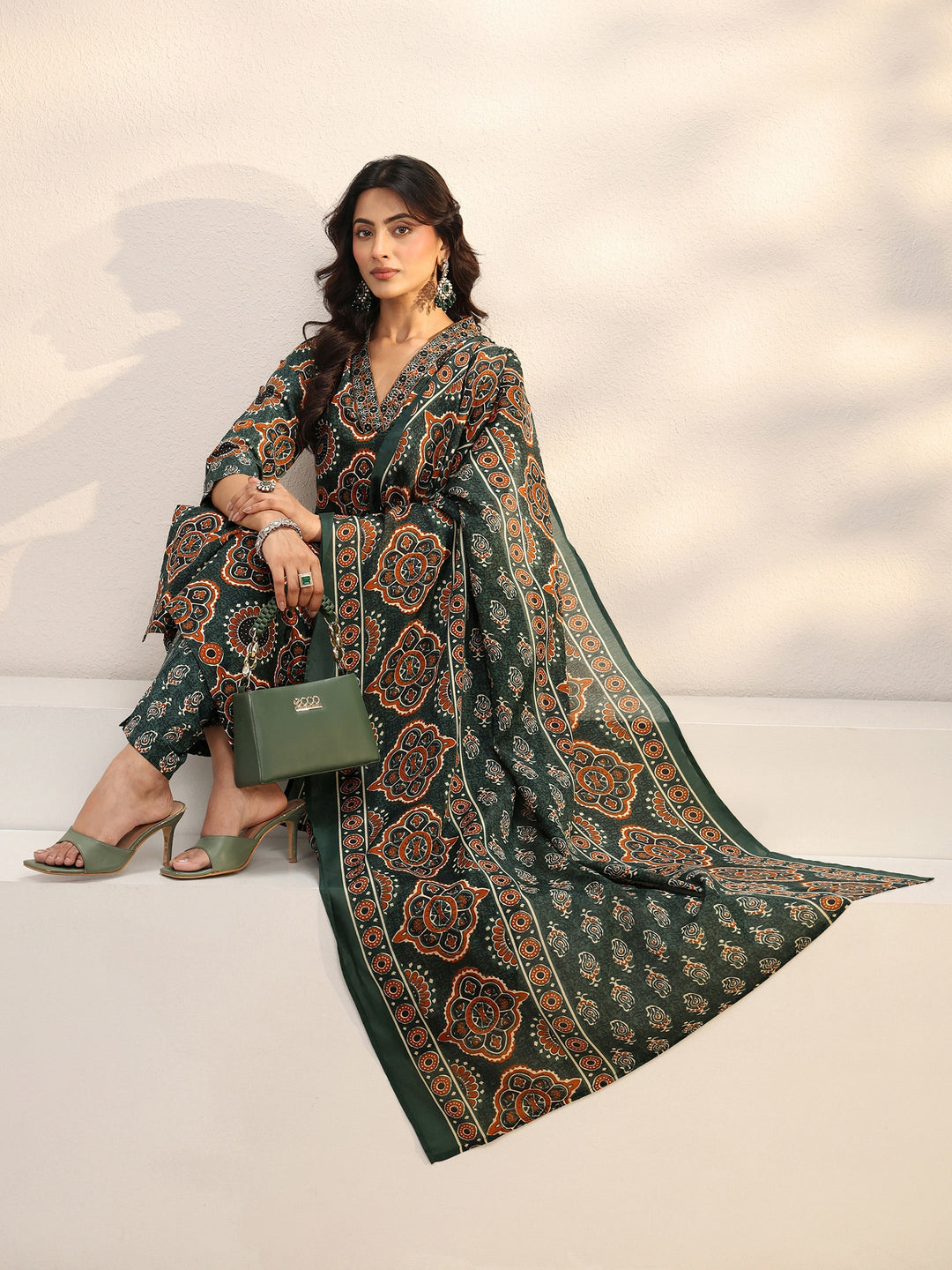 Green Ajrakh Printed Cotton Blend Straight Suit Set With Dupatta