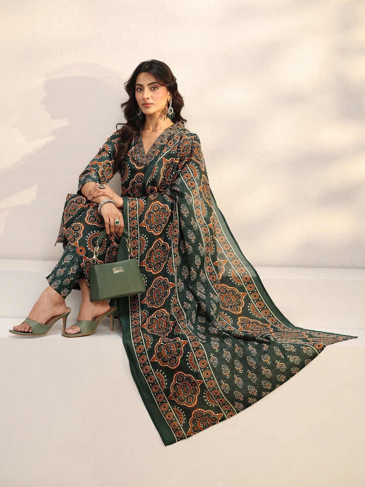 Green Ajrakh Printed Cotton Blend Straight Suit Set With Dupatta