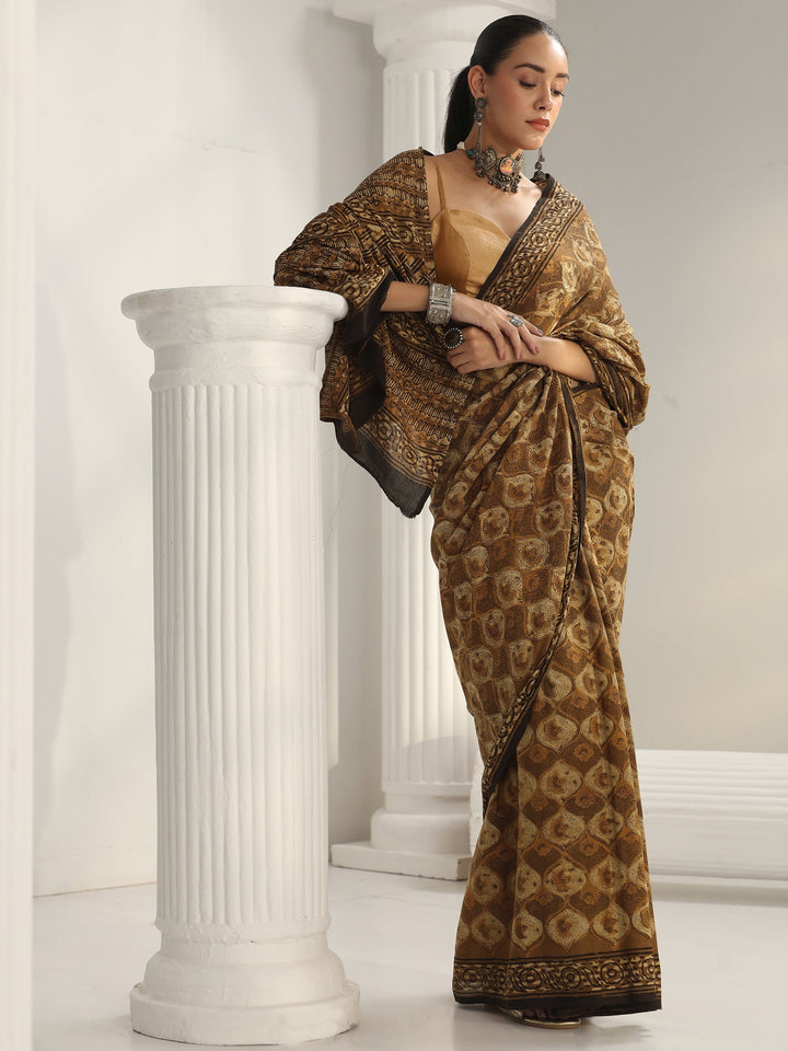 Green Bagru Print Cotton Saree
