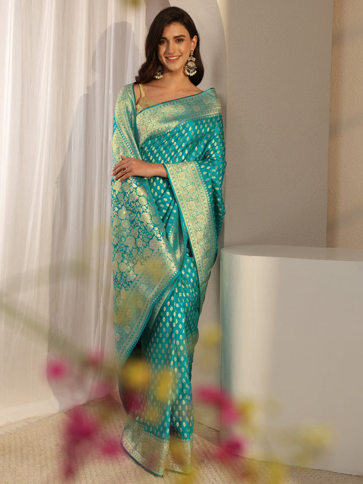Green Banarasi Silk Blend Saree With Unstitched Blouse Piece