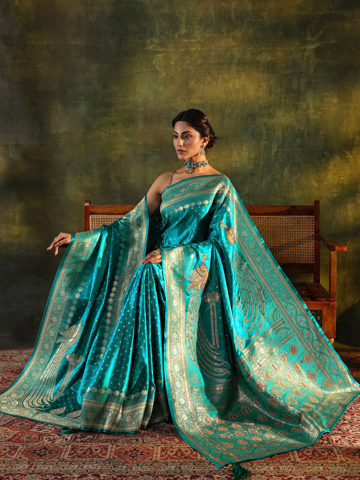 Green Banarasi Silk Saree With Unstitched Blouse And Dupatta