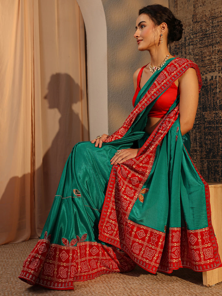 Green Bandhani Embellished Silk Blend Saree With Unstitched Blouse Piece