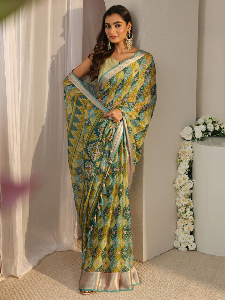 Green Bandhani Printed Chiffon Saree With Unstitched Blouse Piece