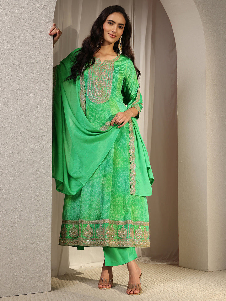 Green Bandhani Printed Chinon Anarkali Suit Set With Dupatta