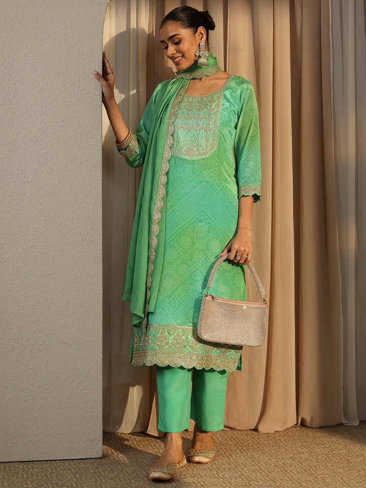 Green Bandhani Printed Chinon Straight Suit Set With Dupatta