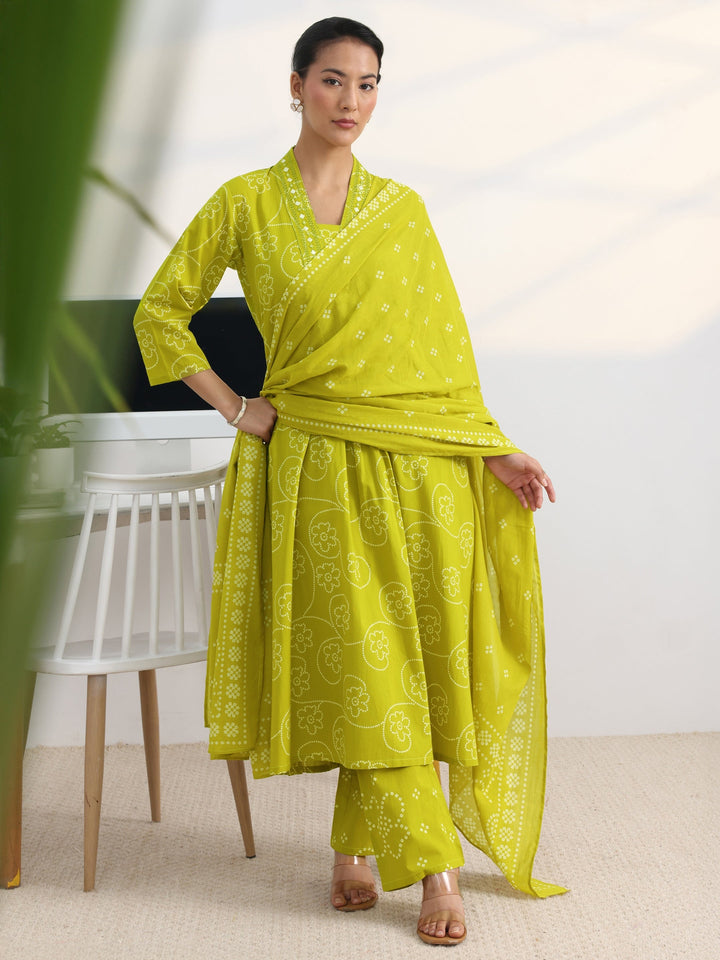 Green Bandhani Printed Cotton Blend A-Line Suit Set With Dupatta