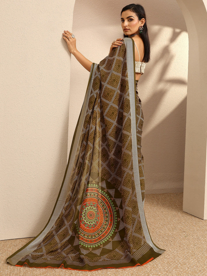 Green Bandhani Printed Georgette Saree With Unstitched Blouse Piece