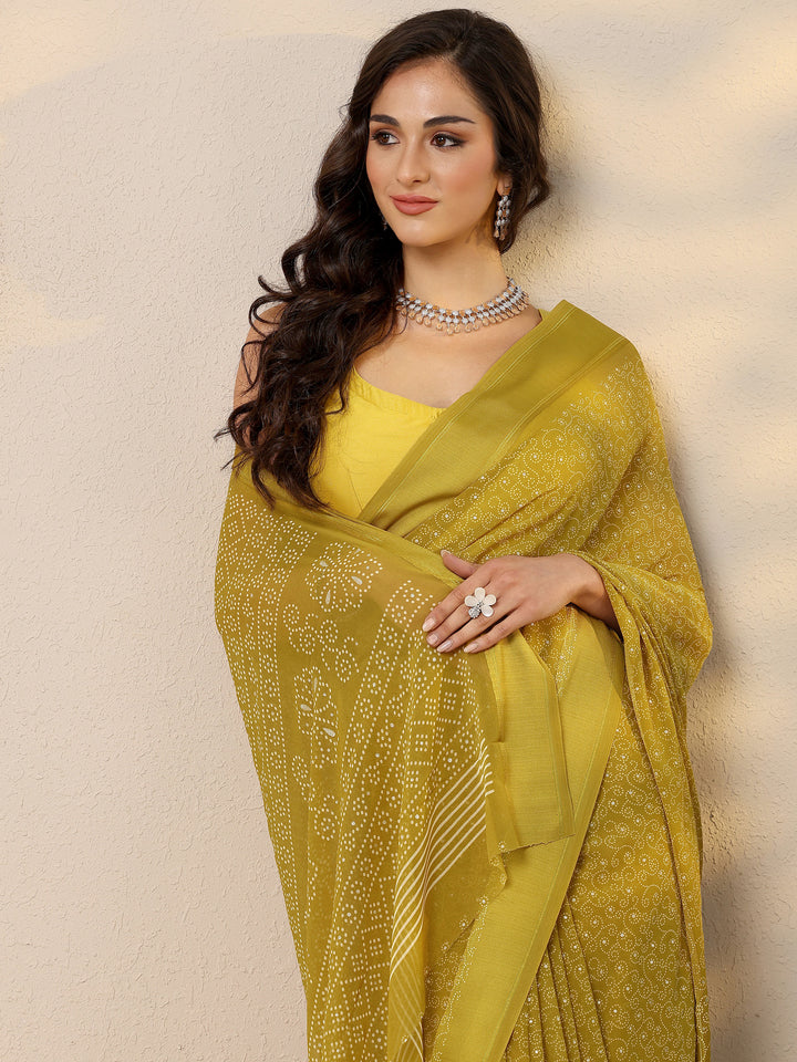 Green Bandhani Printed Georgette Saree With Unstitched Blouse Piece