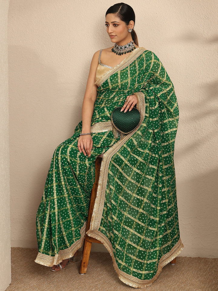 Green Bandhani Printed Silk Blend Saree With Unstitched Blouse Piece