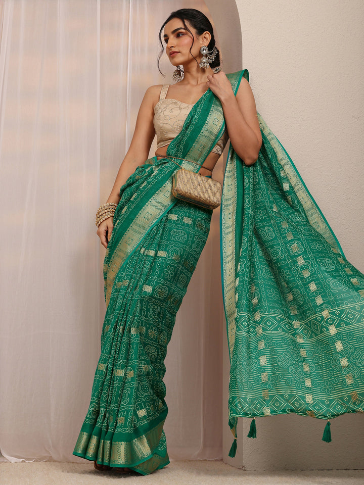 Green Bandhani Printed Silk Blend Saree With Unstitched Blouse Piece