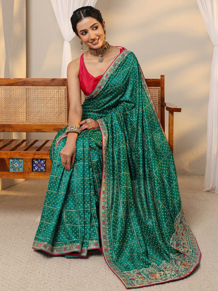 Green Bandhani Printed Silk Blend Saree With Unstitched Blouse Piece