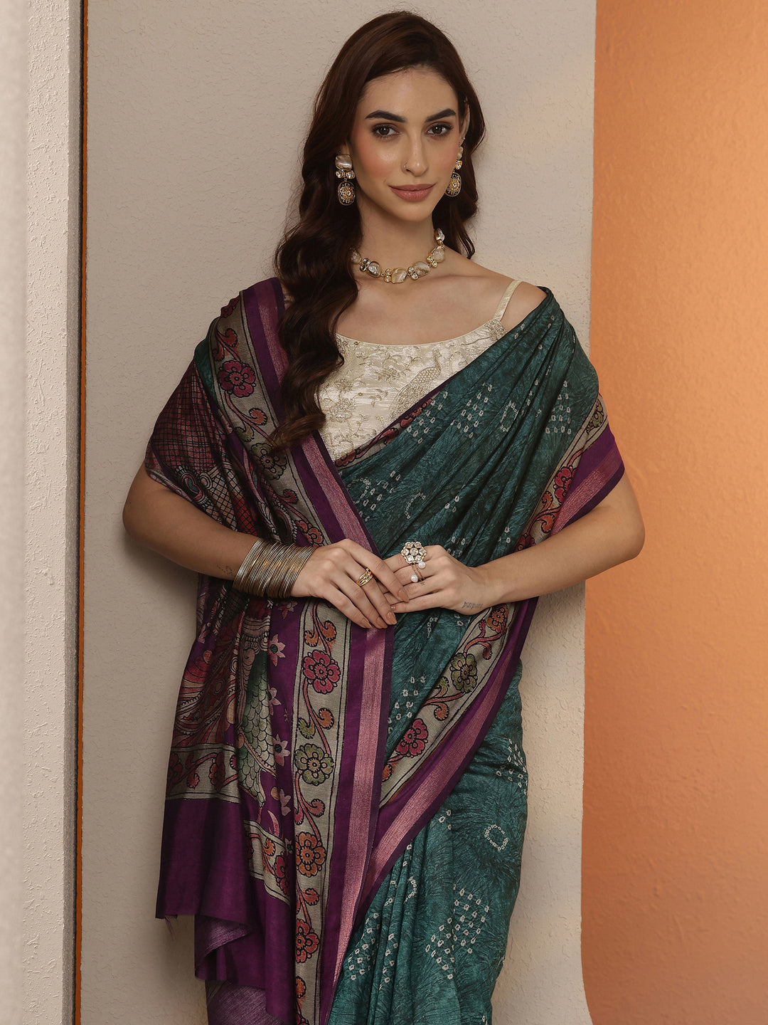 Green  Bandhani Printed Silk Blend Saree With Unstitched Blouse Piece