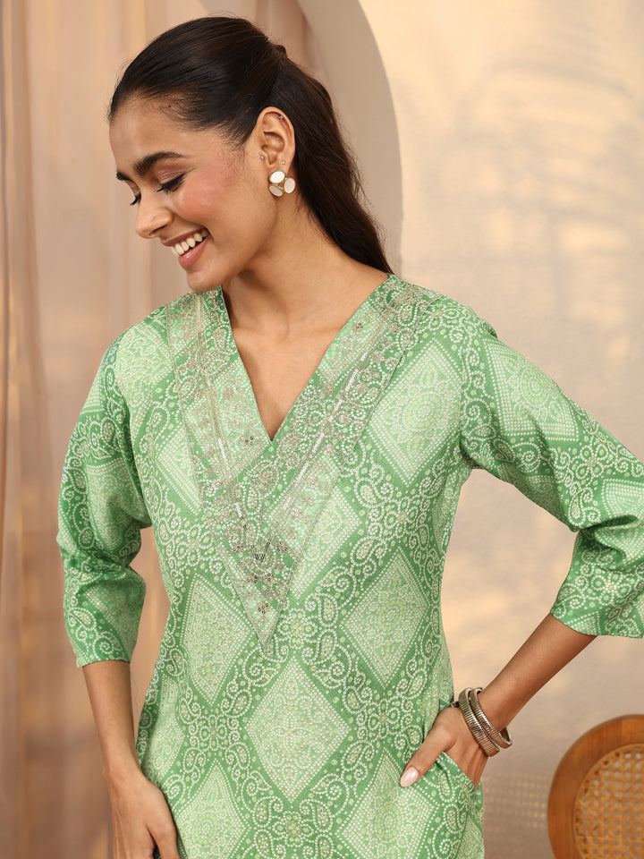 Green Bandhani Printed Silk Blend Straight Kurta