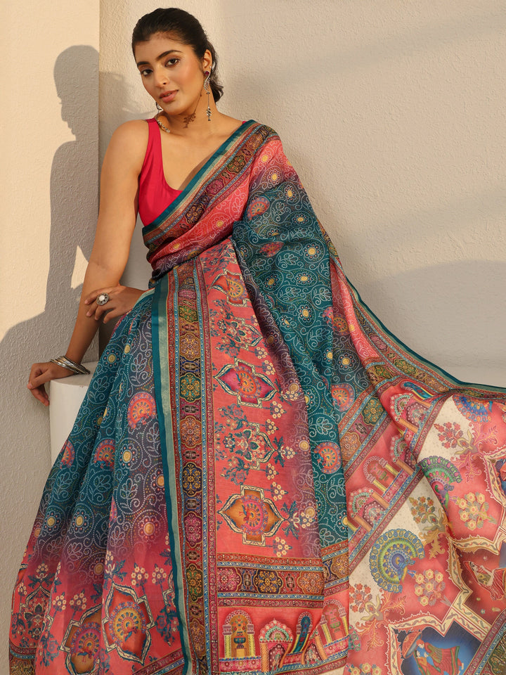 Green Bandhani Printed Silk Blend Tassel Saree With Unstitched Blouse Piece