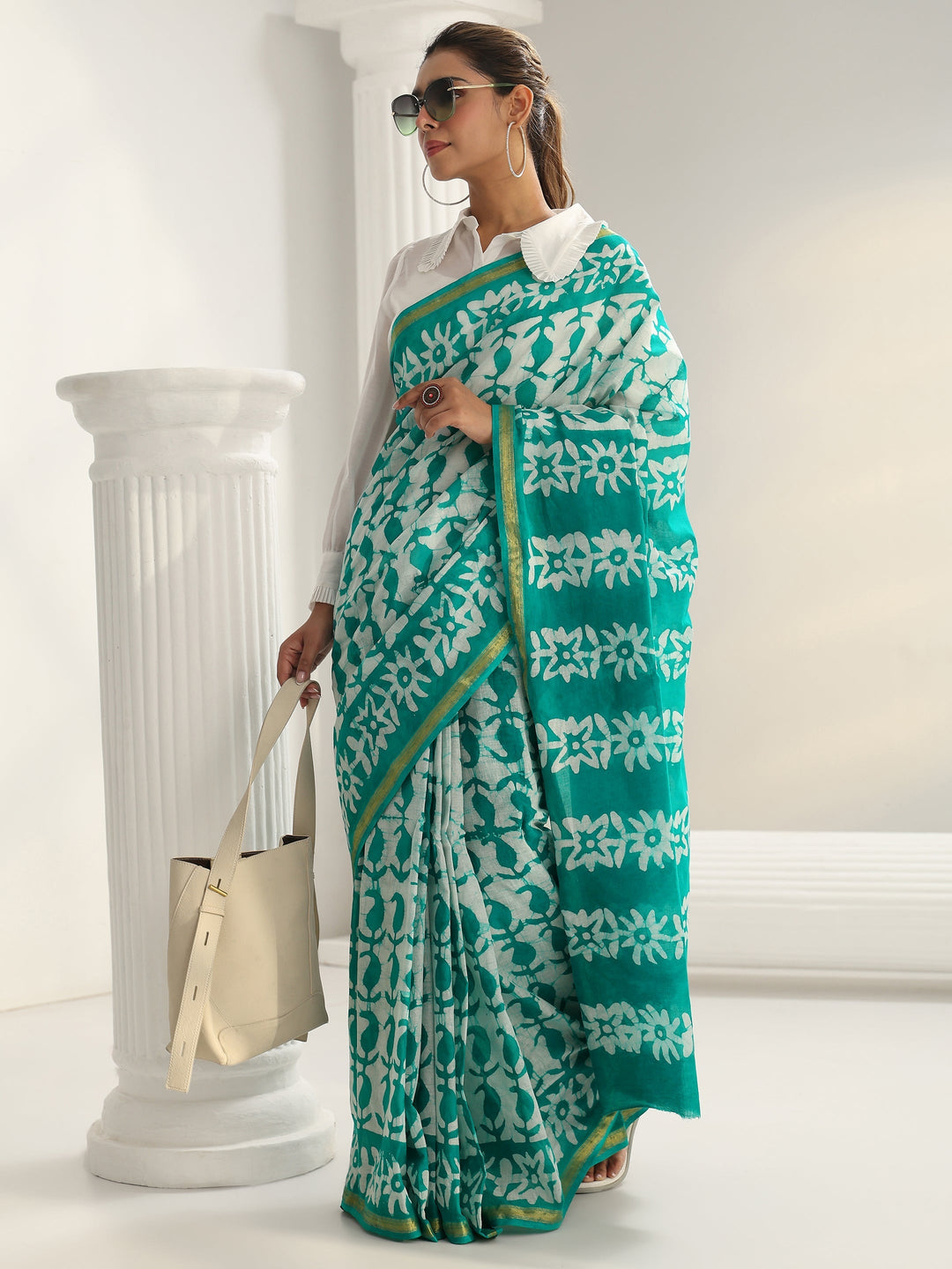Green Batik Print Cotton Saree
