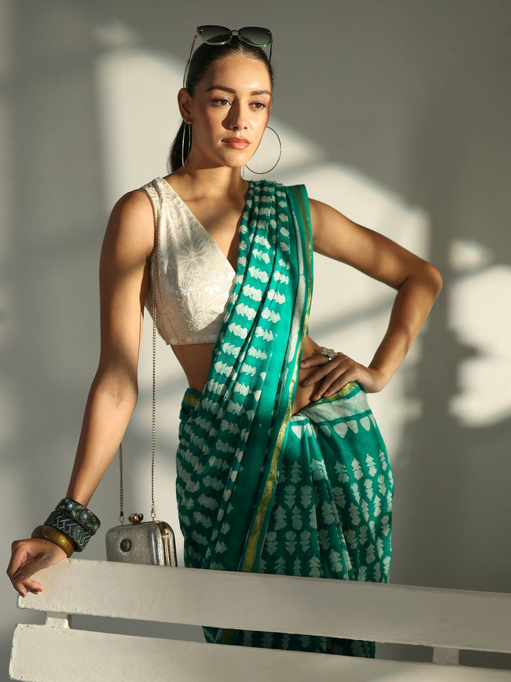 Green Batik Print Cotton Saree