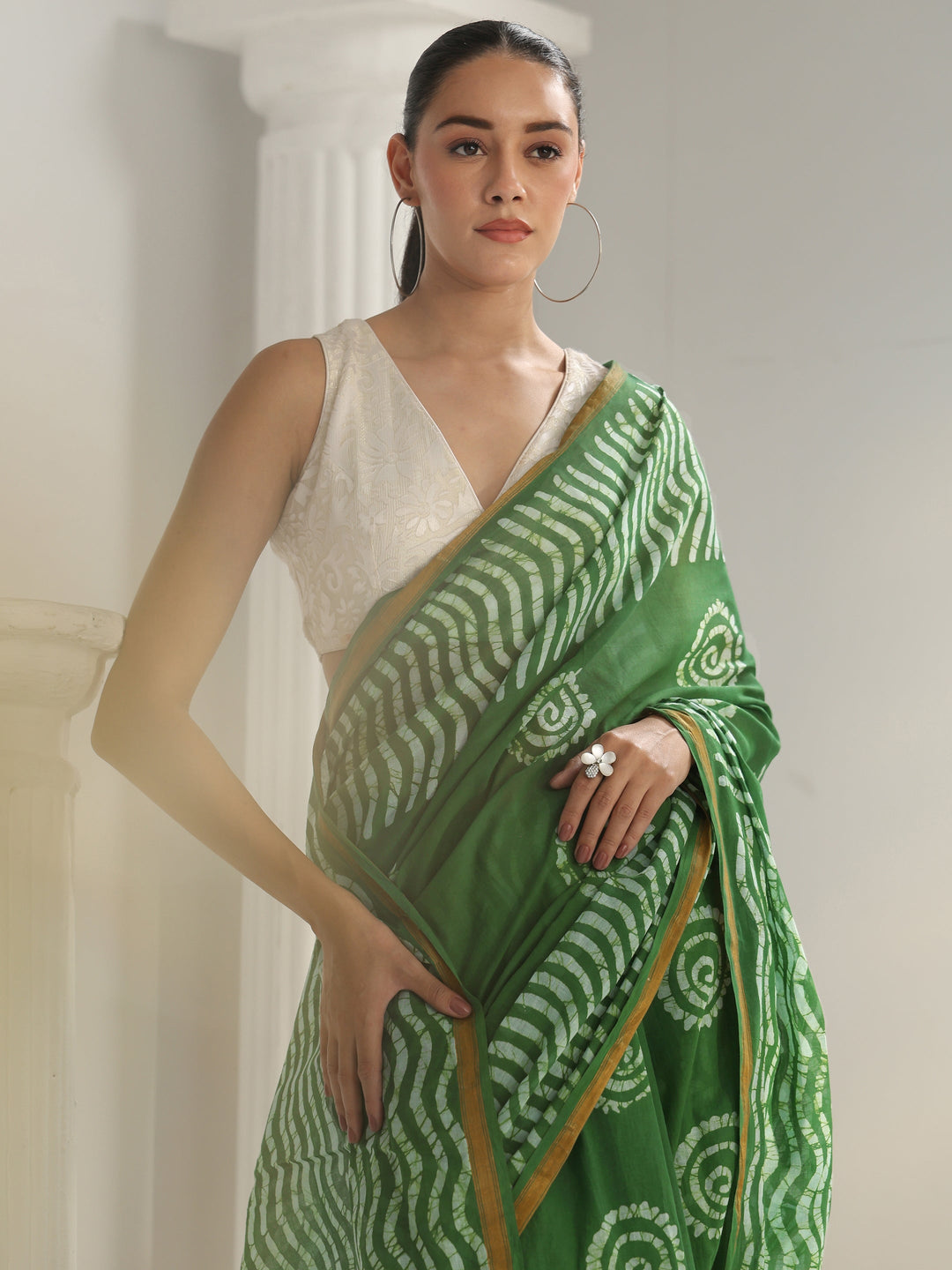 Green Batik Print Cotton Saree