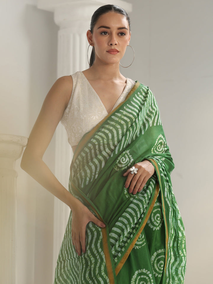 Green Batik Print Cotton Saree