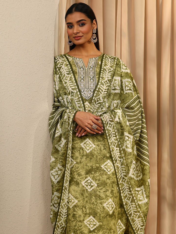 Green Block Printed Cotton Blend Straight Suit Set With Dupatta