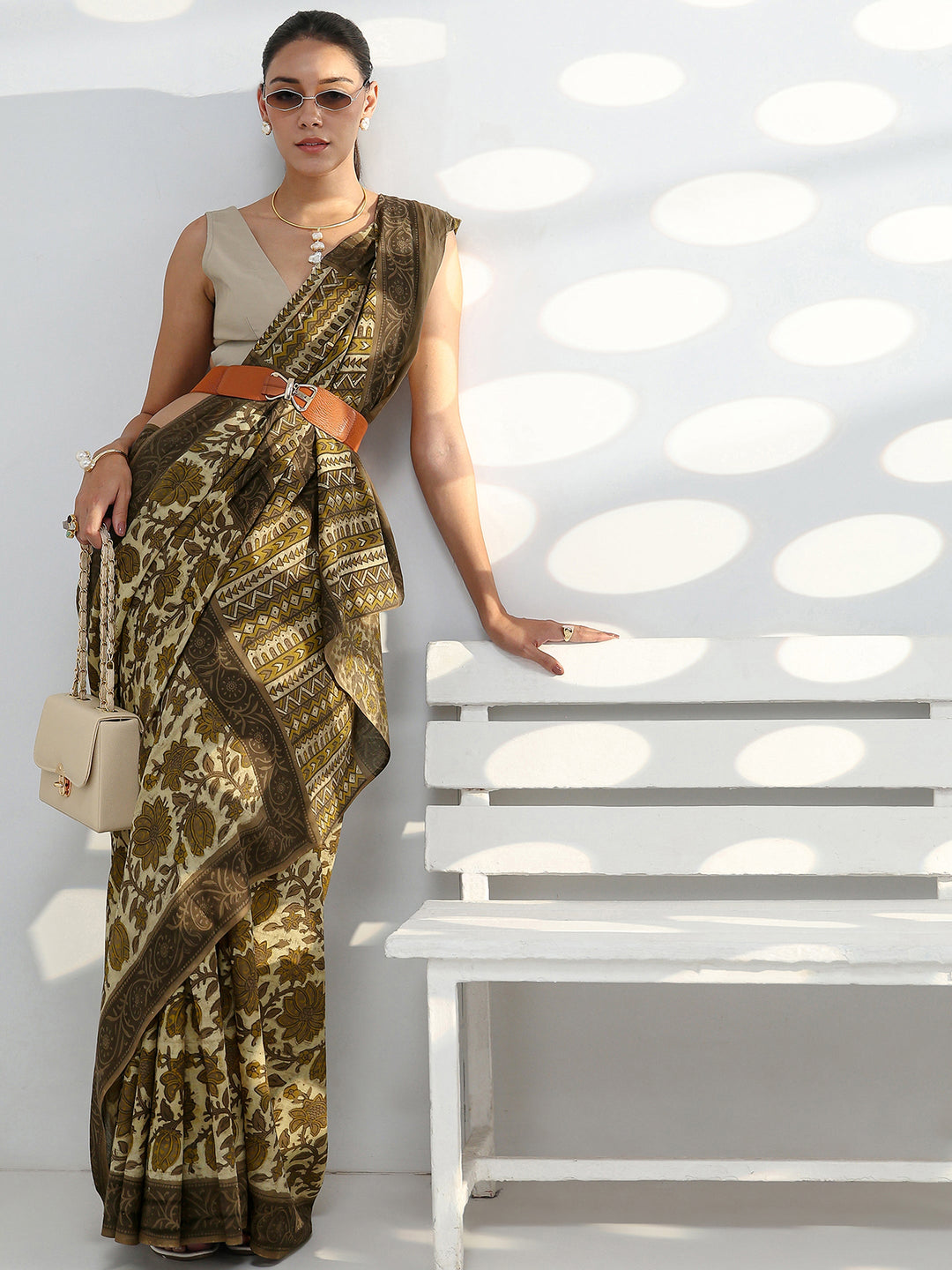 Green Block Printed Cotton Saree