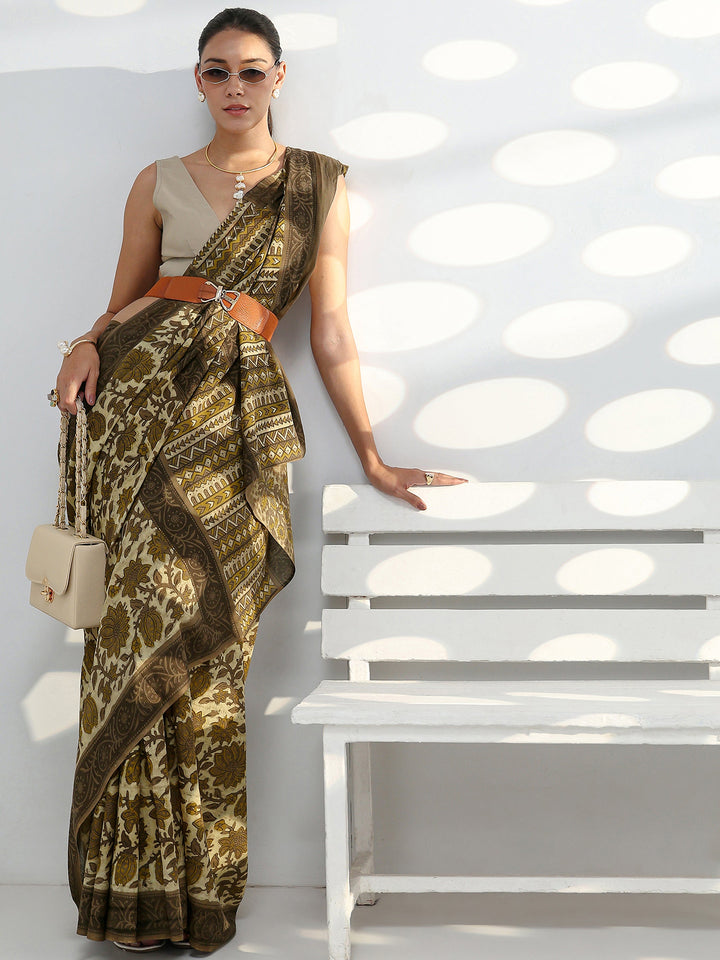Green Block Printed Cotton Saree