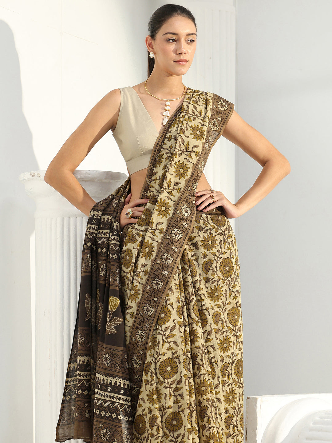 Green Block Printed Cotton Saree