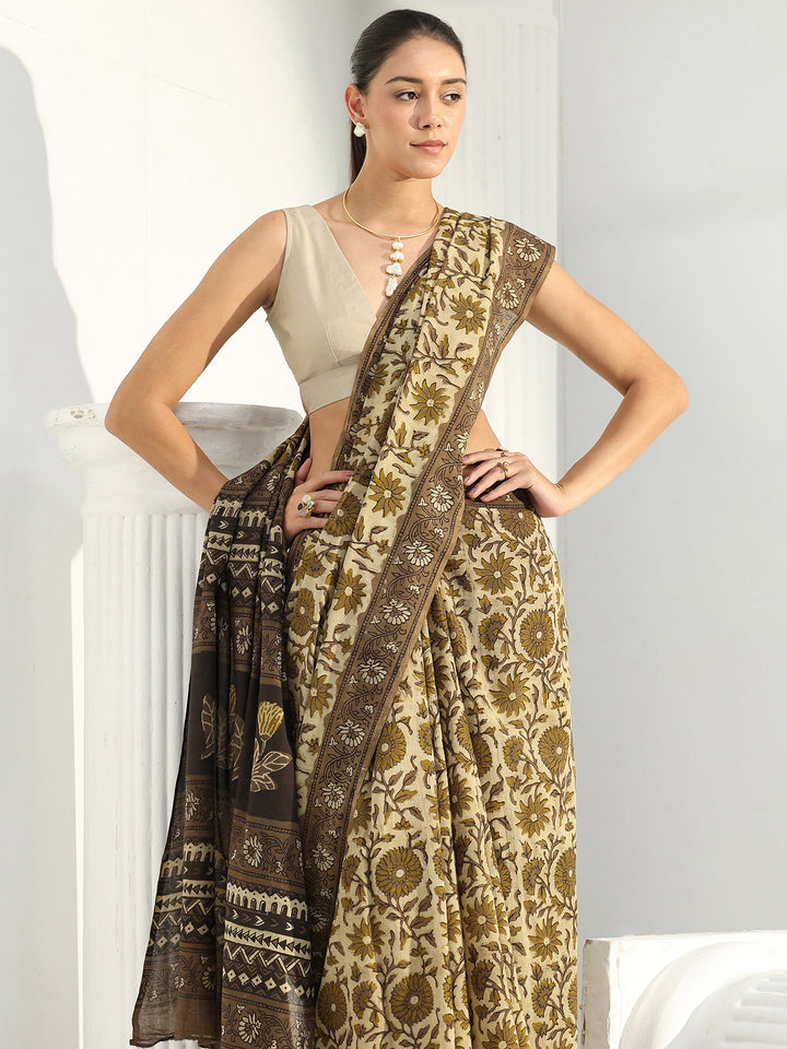 Green Block Printed Cotton Saree