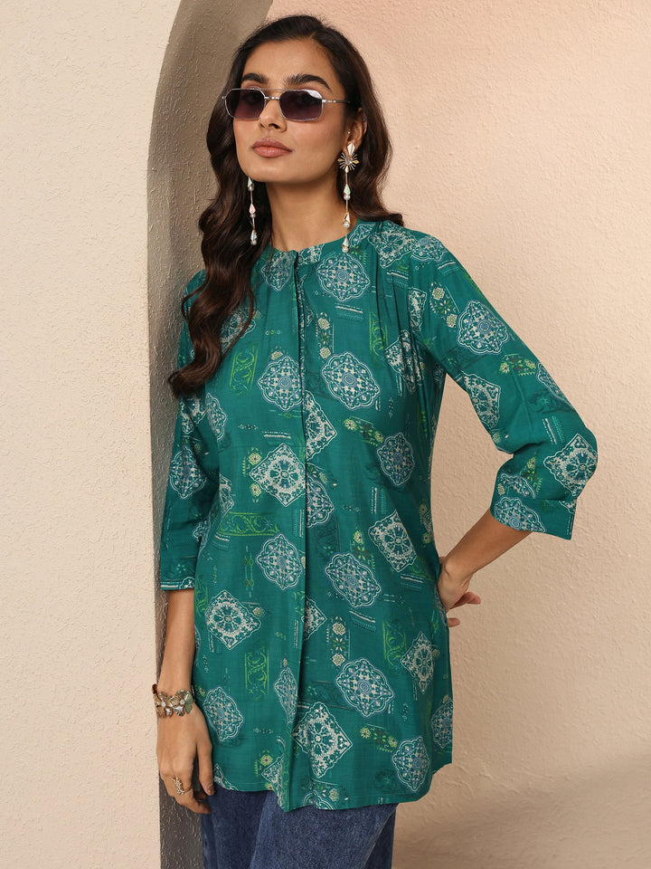 Green Block Printed Silk Blend Straight Short Kurti