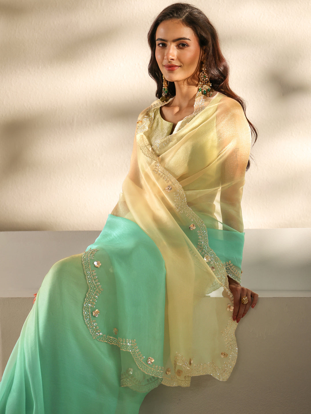 Green Embellished Border Ombre Tissue Saree With Unstitched Blouse Piece