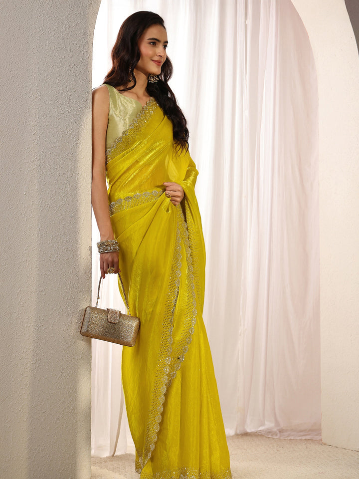 Green Embellished Border Tissue Saree With Unstitched Blouse Piece